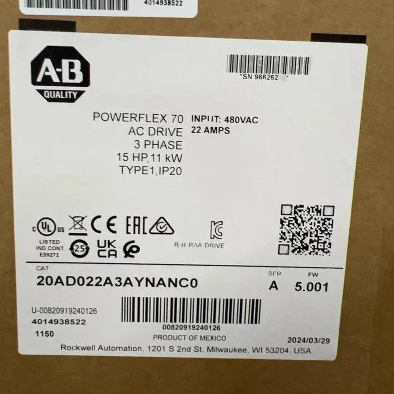 Allen-Bradley 20AD022A0AYNANC0 AC Drivre PowerFlex 70 VFD
