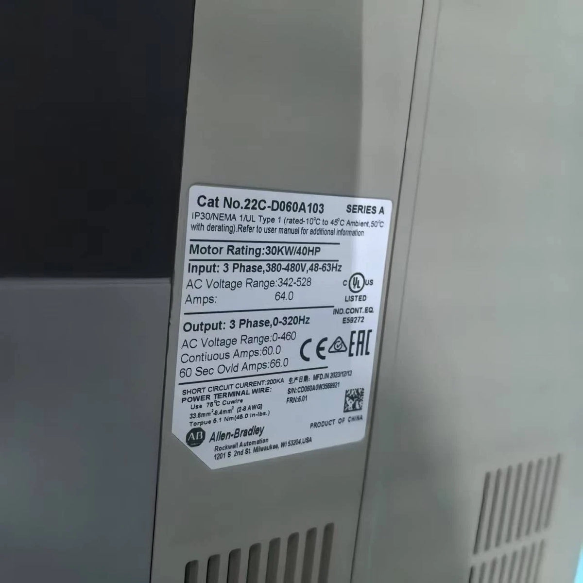 Allen-Bradley 22C-D060A PowerFlex 400 AC Drive 30kW 60A