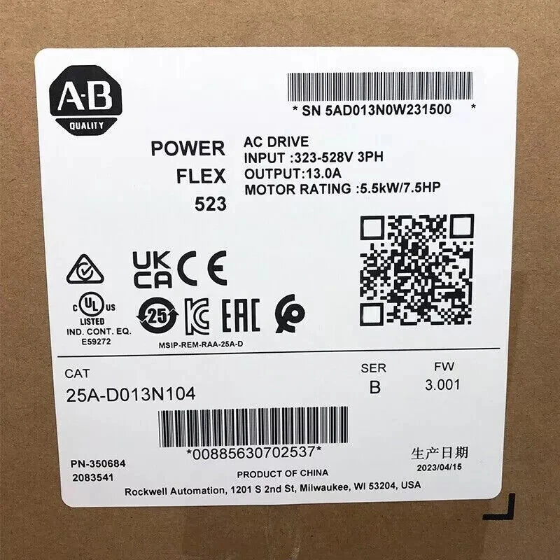 Allen-Bradley 25A-D013N104 PowerFlex 523 AC Drive 5.5kW 13A 380-480VAC