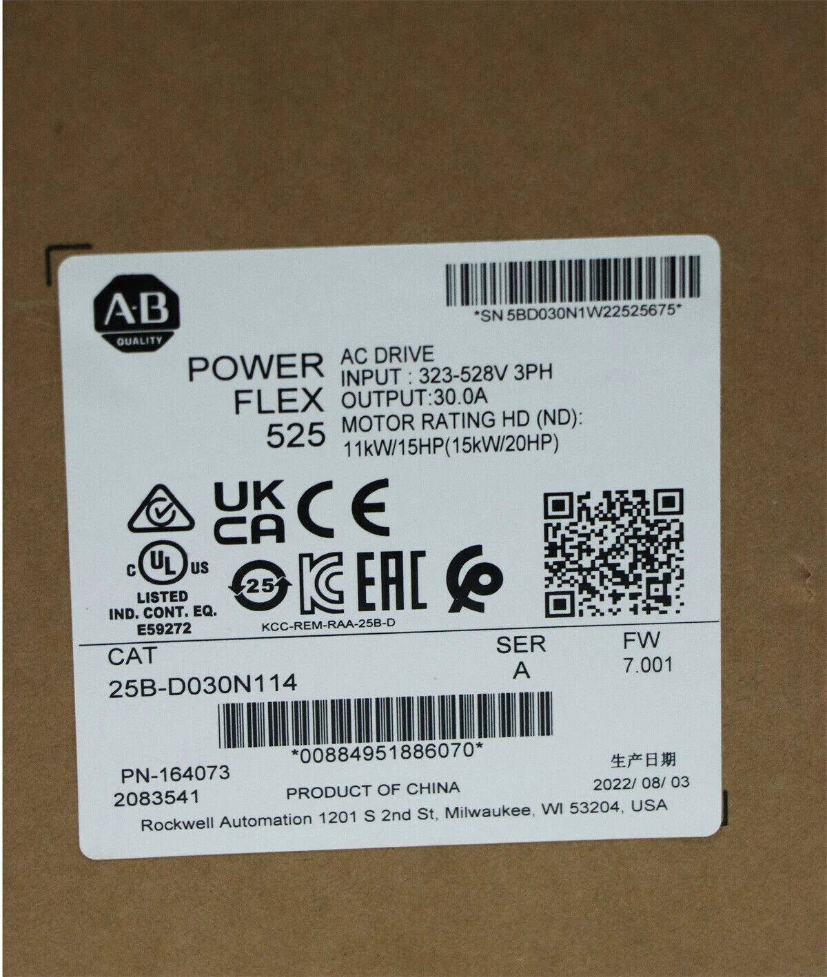 Allen-Bradley 25B-D030N114 PowerFlex 525 AC Drive 15kW 30A 380-480VAC
