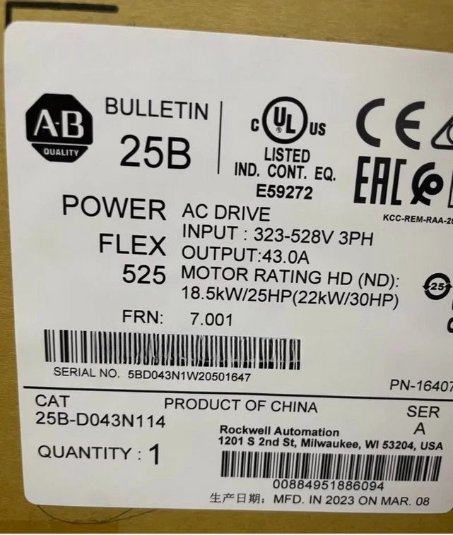 Allen-Bradley 25B-D043N114 PowerFlex 525 AC Drive 22kW 43A 380-480VAC