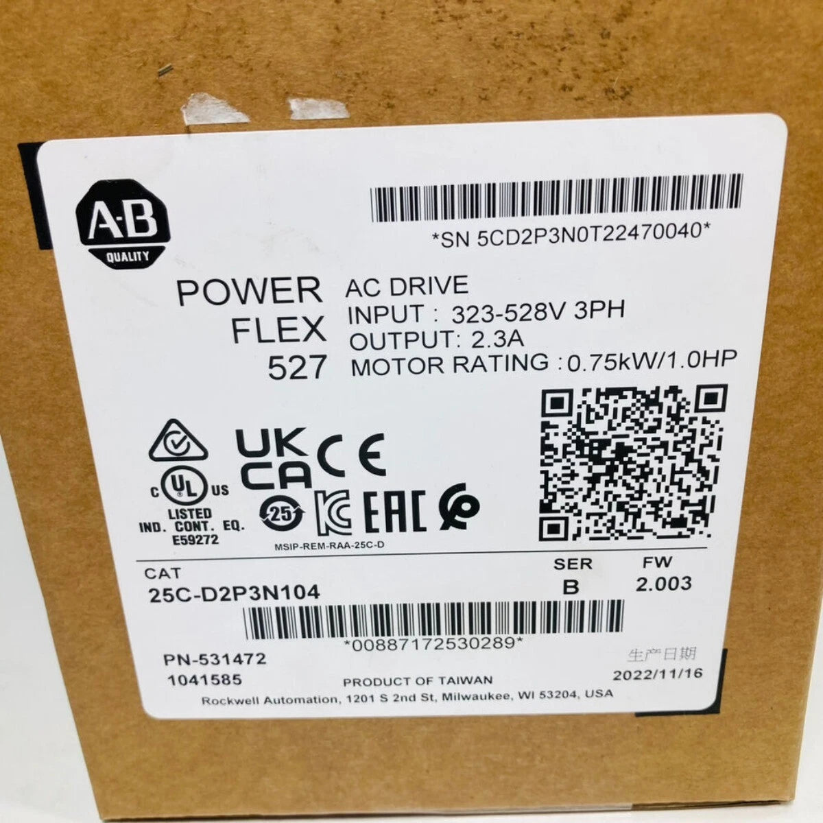 Allen-Bradley 25C-D2P3N104 PowerFlex 527 AC Drive 0.75kW 2.3A 380-480VAC