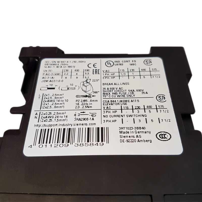 SIEMENS 3RT1023-3BB40 SIRIUS Contactor 9A 4kW 24VDC 3-Pole