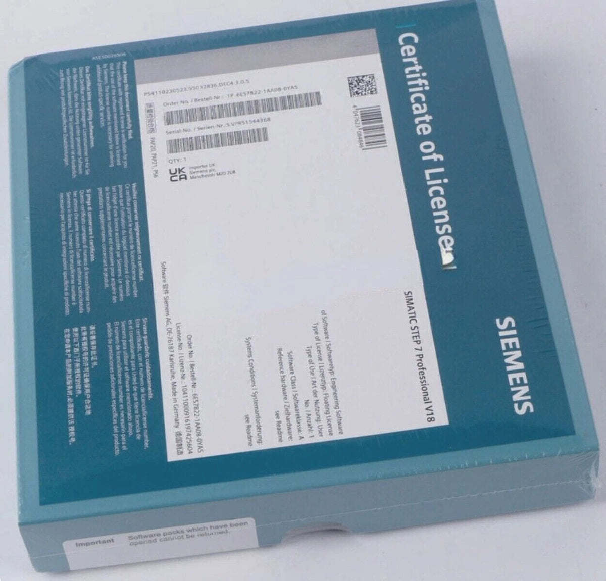 SIEMENS 6ES7822-1AA08-0YA5 System Software/Module STEP 7 Professional V18