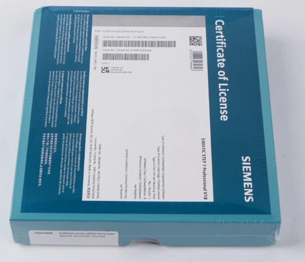 SIEMENS 6ES7822-1AA08-0YA5 System Software/Module STEP 7 Professional V18