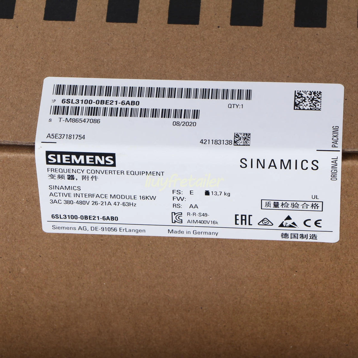 SIEMENS 6SL3100-0BE21-6AB0 S120 Active Interface Module 16kW 380-480VAC
