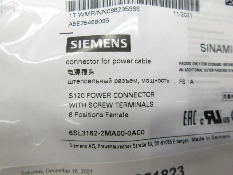 SIEMENS 6SL3162-2MA00-0AC0 Power Connector Screw Terminals 3-30 A