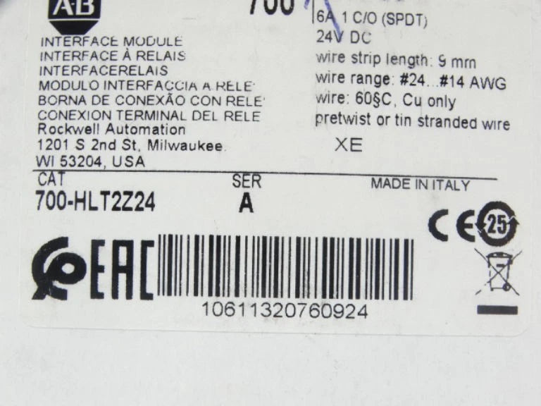 Allen-Bradley 700-HLT2Z24 Relay 24V DC SPDT 6A Spring Clamp