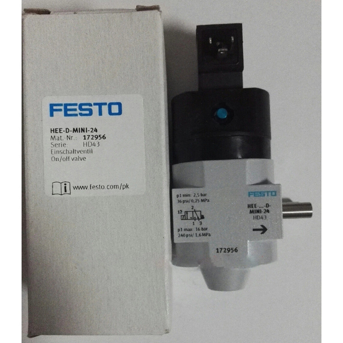 FESTO HEE-D-MINI-24 On/Off Valve 3/2-Way 24V DC 2.5-16 Bar