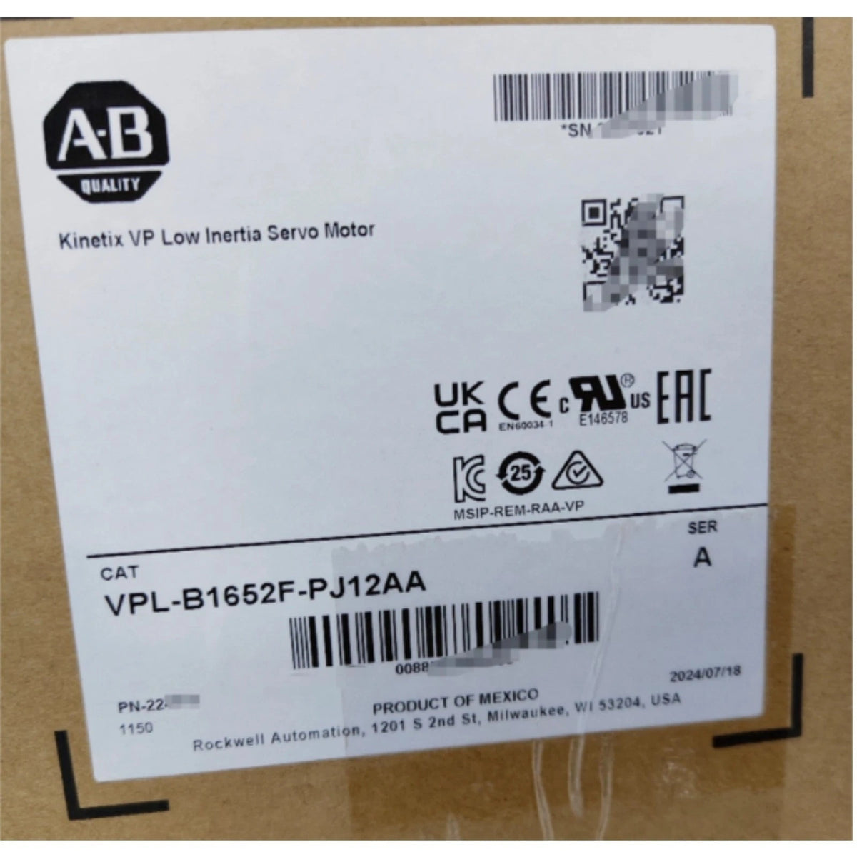 Allen-Bradley VPL-B1652F-PJ12AA Kinetix VP Low Inertia Servo Motor 165mm Frame