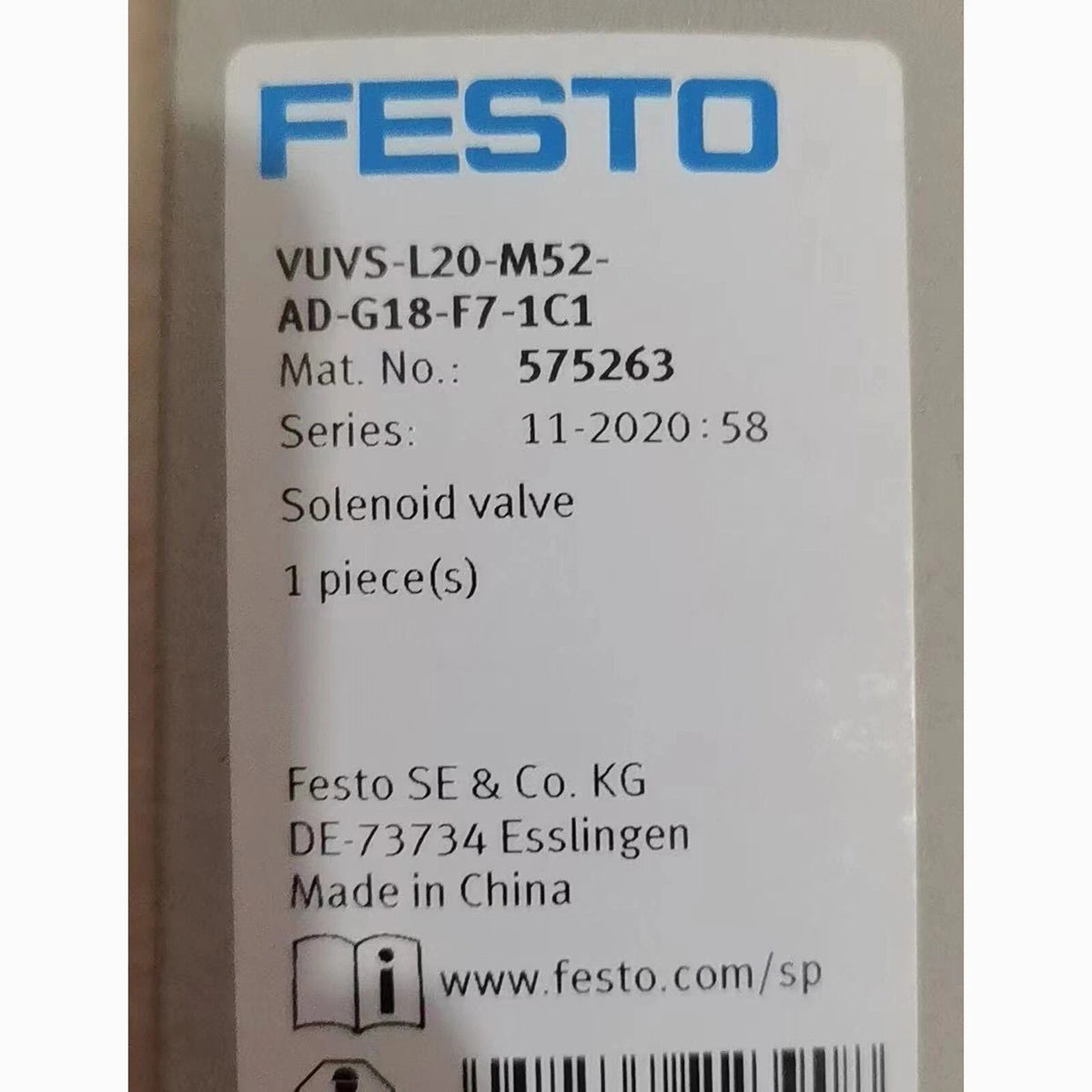 FESTO VUVS-L20-M52-AD-G18-F7-1C1 Solenoid Valve 24VDC 700 l/min